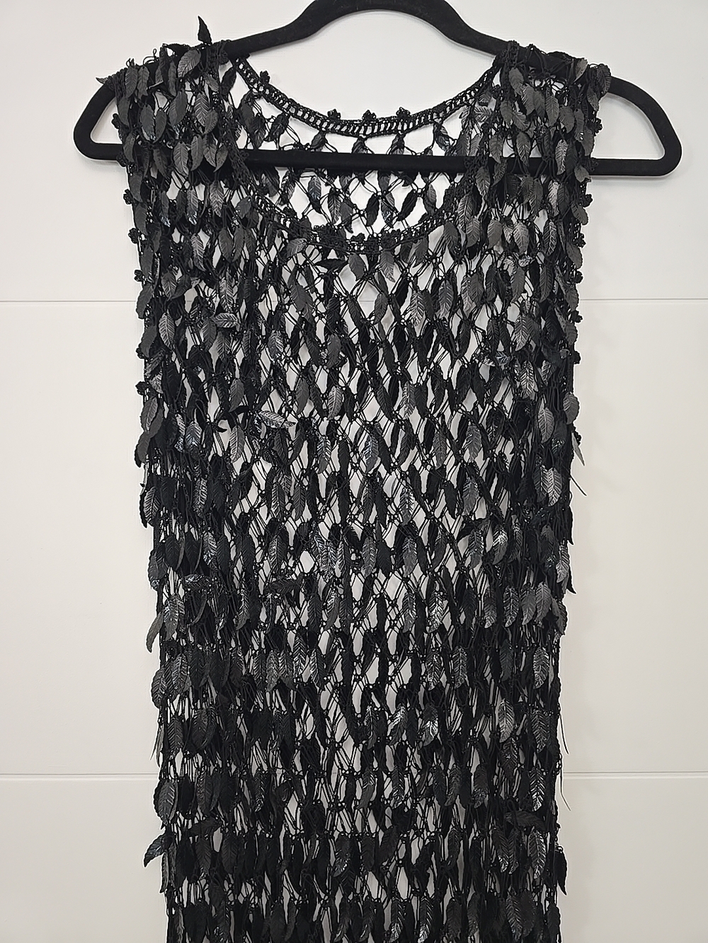 Vintage Unbranded Black Crochet Mesh Net Leaf Tunic Dress Cover-Up Avant Garde